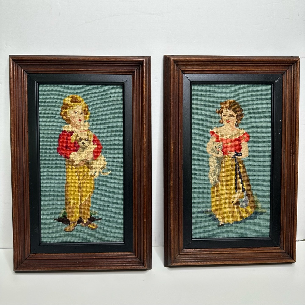VTG Framed Needlepoint Chum Girl w/Kitten & Master Simpson w/Puppy 16 3/4"